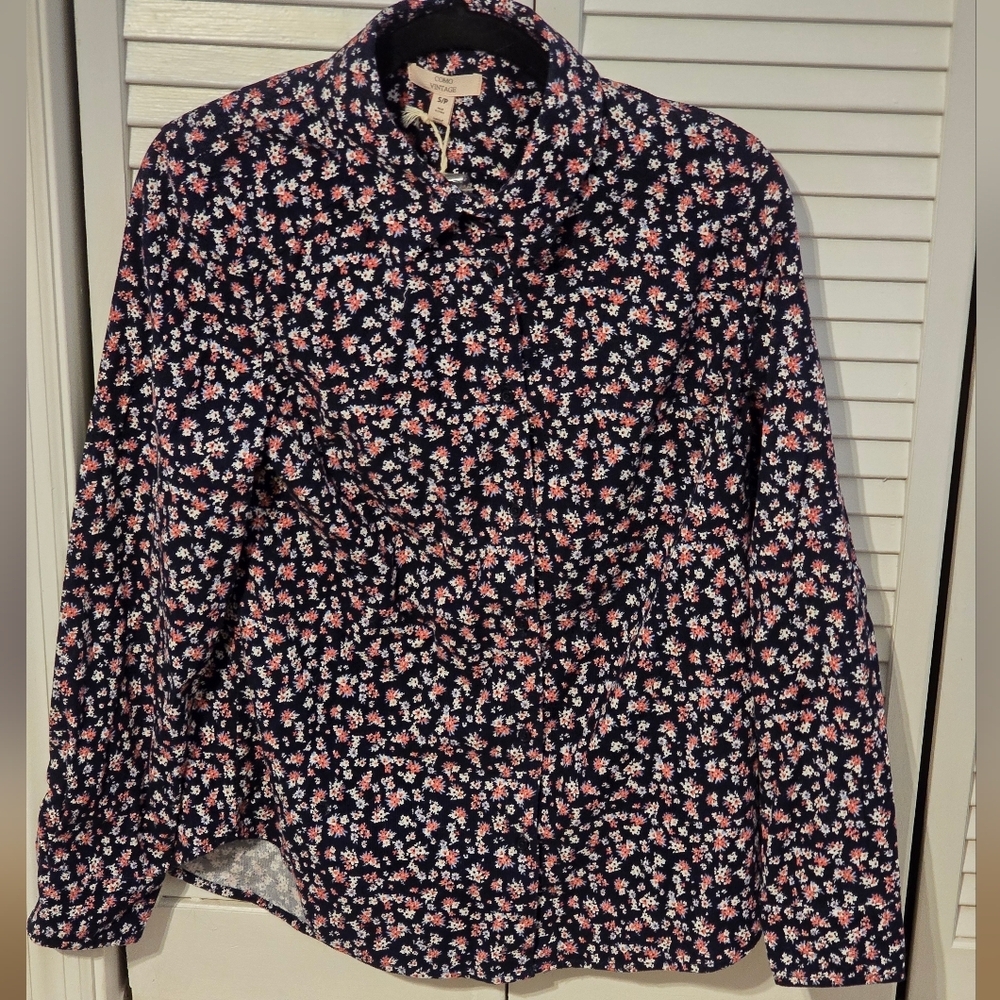 Como Vintage Navy Floral Button-Front Long Sleeve Corduroy Blouse | PETITE S NWT